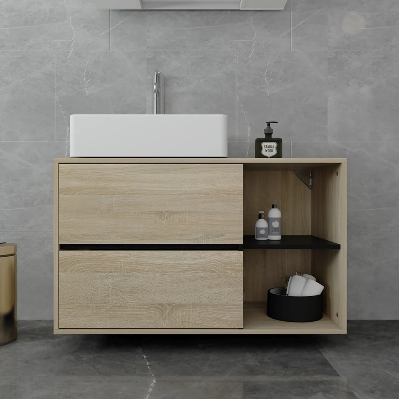 Waschbeckenunterschrank Badezimmerschrank 100x60x45,5 cm mit 2 Schubladen und Ablagen in Braun/Schwarz ML-Design
