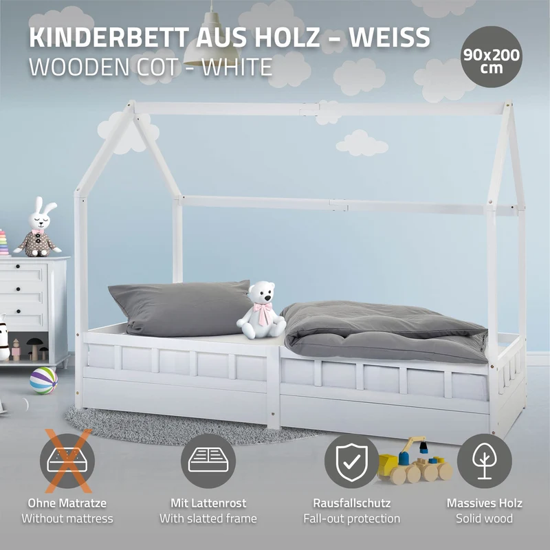 Kinderbett Weiß 90x200 cm mit Rausfallschutz aus massivem Kiefernholz