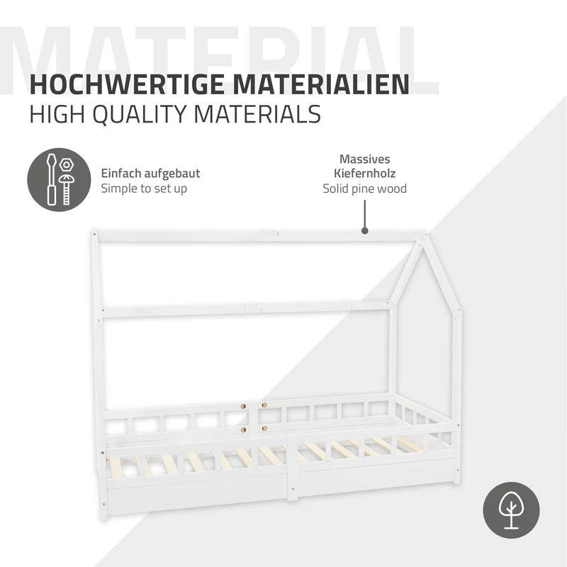 Kinderbett Weiß 90x200 cm mit Rausfallschutz aus massivem Kiefernholz