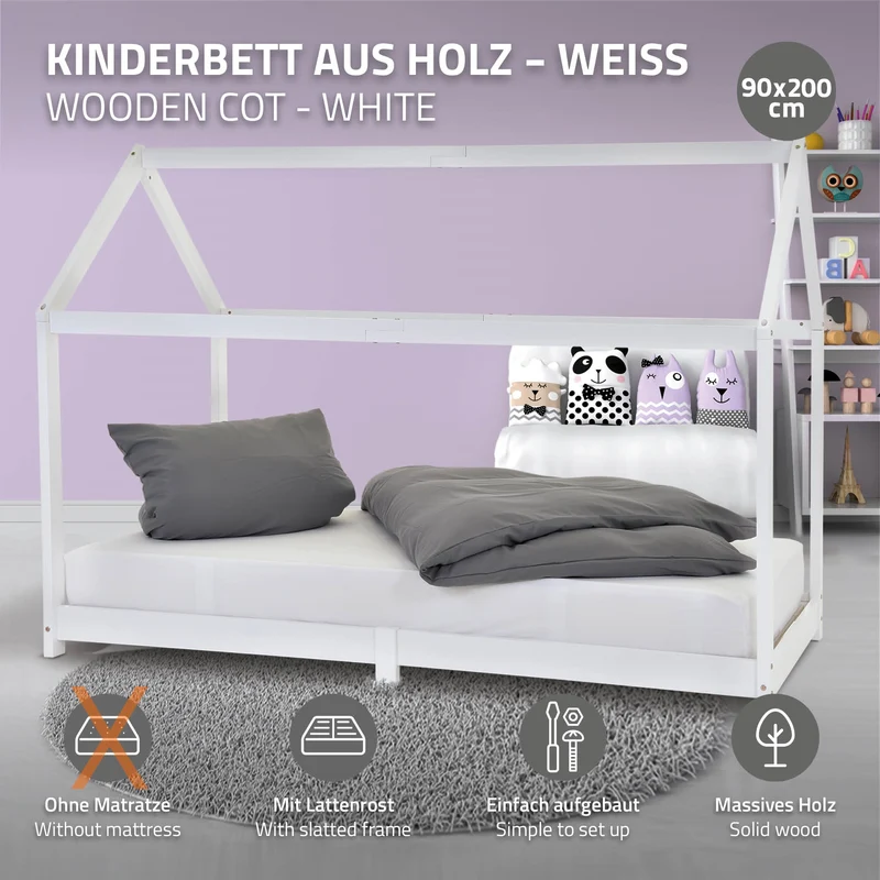 Kinderbett weiß, 200x99x142 cm, aus massivem Kiefernholz, mit Lattenrost und Dach