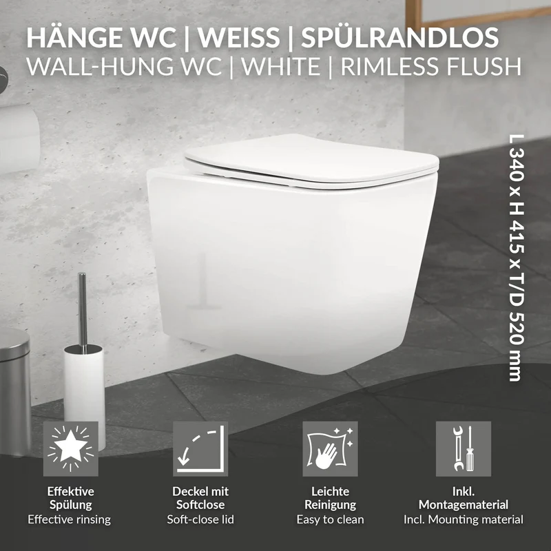 Wand-WC Hänge Toilette aus Keramik 52 cm lang Spülrandlos mit Softclose Luxebath