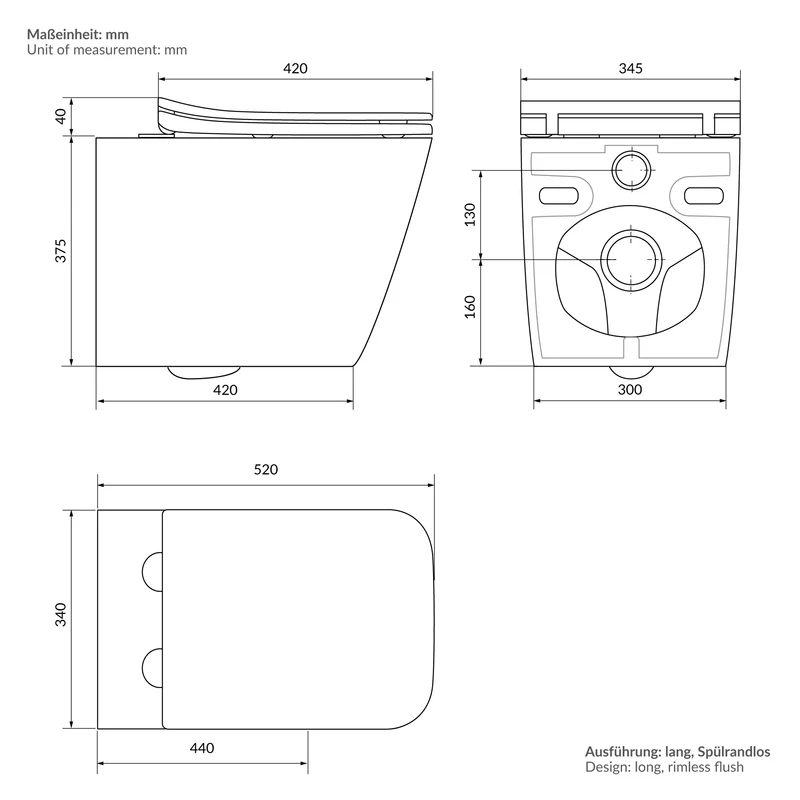 Wand-WC Hänge Toilette aus Keramik 52 cm lang Spülrandlos mit Softclose Luxebath