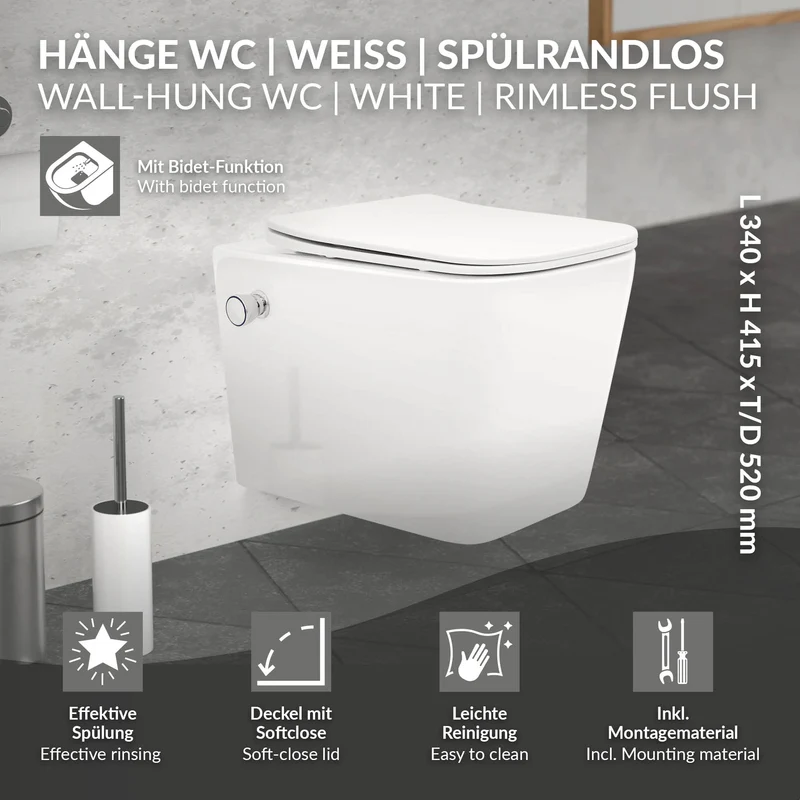 Wand-WC Hänge Toilette aus Keramik 52 cm lang Spülrandlos mit Bidet & Softclose Luxebath