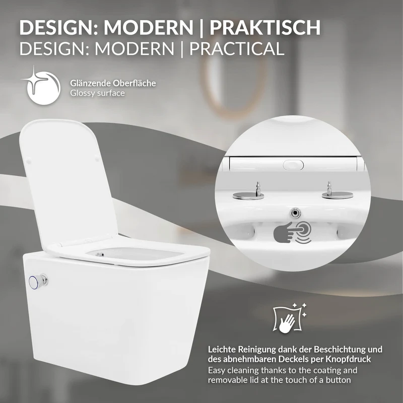 Wand-WC Hänge Toilette aus Keramik 52 cm lang Spülrandlos mit Bidet & Softclose Luxebath