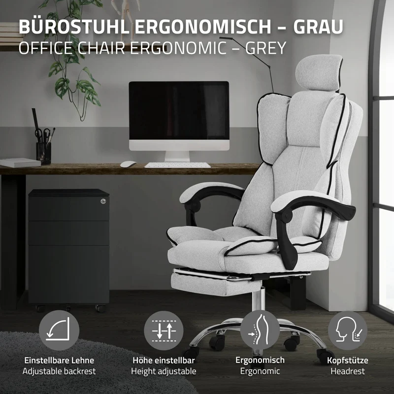 Chefsessel Bürostuhl höhenverstellbar Hellgrau mit höhenverstellbarer Rückenlehne und Fuß-& Kopfstütze bis 120 kg ML-Design