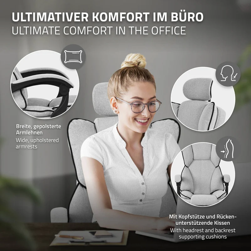 Chefsessel Bürostuhl höhenverstellbar Hellgrau mit höhenverstellbarer Rückenlehne und Fuß-& Kopfstütze bis 120 kg ML-Design
