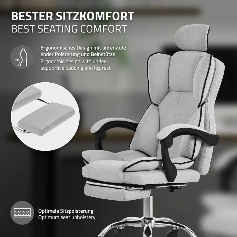 Chefsessel Bürostuhl höhenverstellbar Hellgrau mit höhenverstellbarer Rückenlehne und Fuß-& Kopfstütze bis 120 kg ML-Design