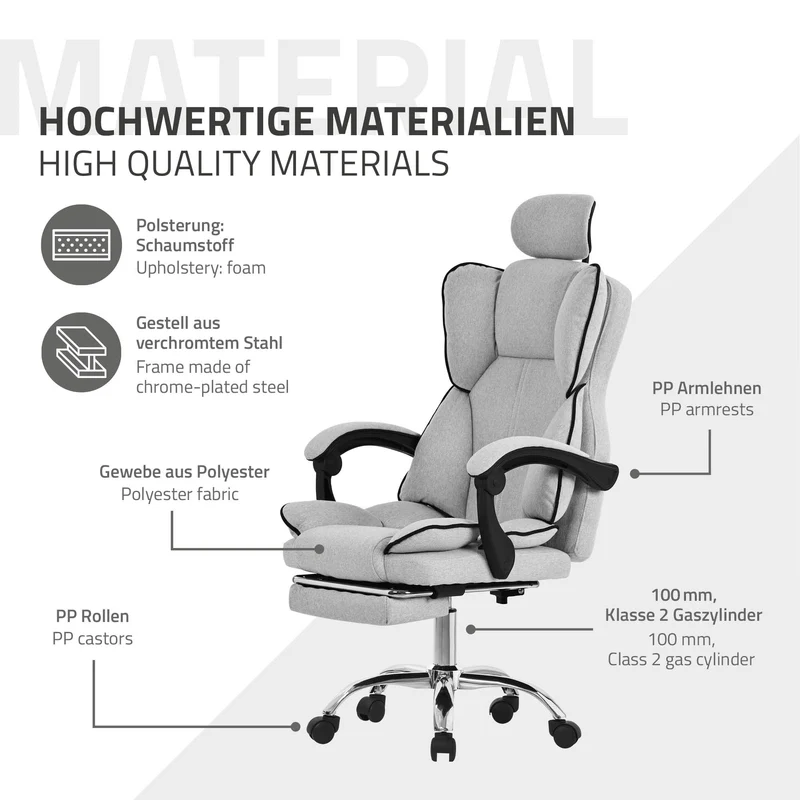 Chefsessel Bürostuhl höhenverstellbar Hellgrau mit höhenverstellbarer Rückenlehne und Fuß-& Kopfstütze bis 120 kg ML-Design
