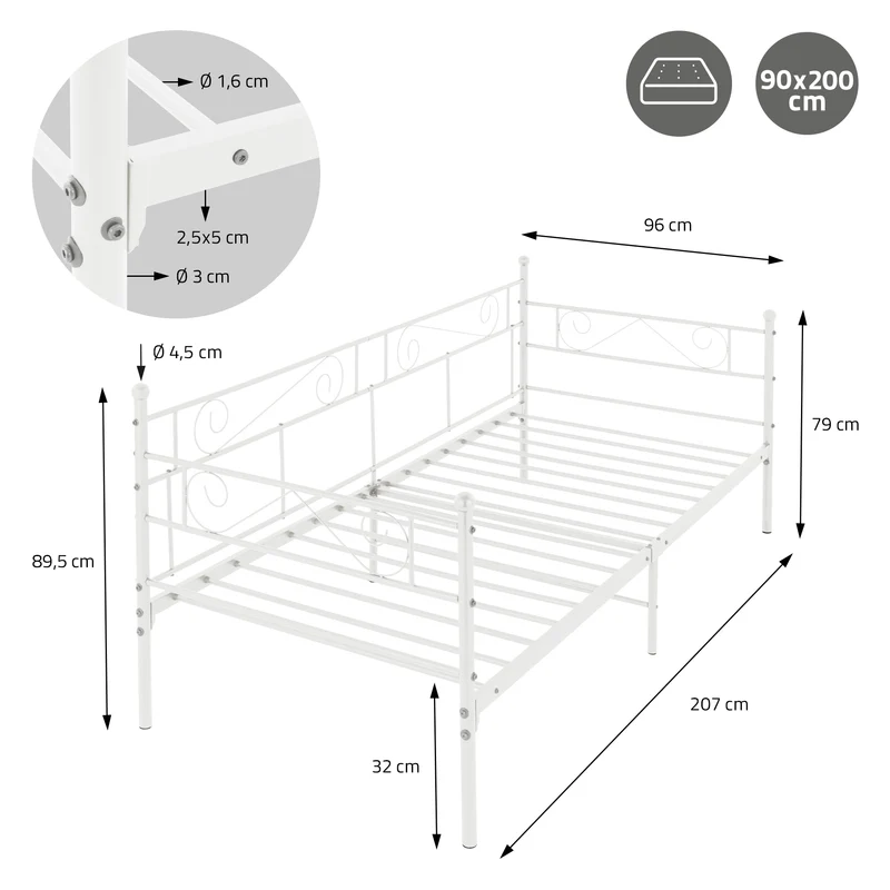 Bettgestell Einzelbett 90x200cm aus Metall in Weiß mit Lattenrost, Seitenwand & Matratze H-16cm ML-Design