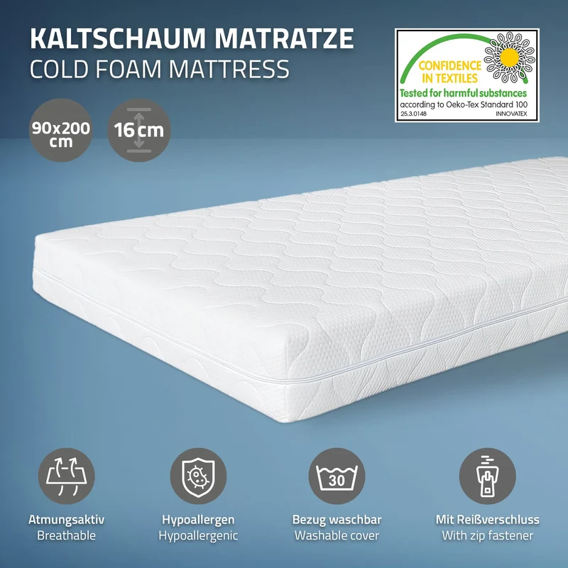 Bettgestell Einzelbett 90x200cm aus Metall in Schwarz mit Lattenrost, Seitenwand & Matratze H-16cm ML-Design