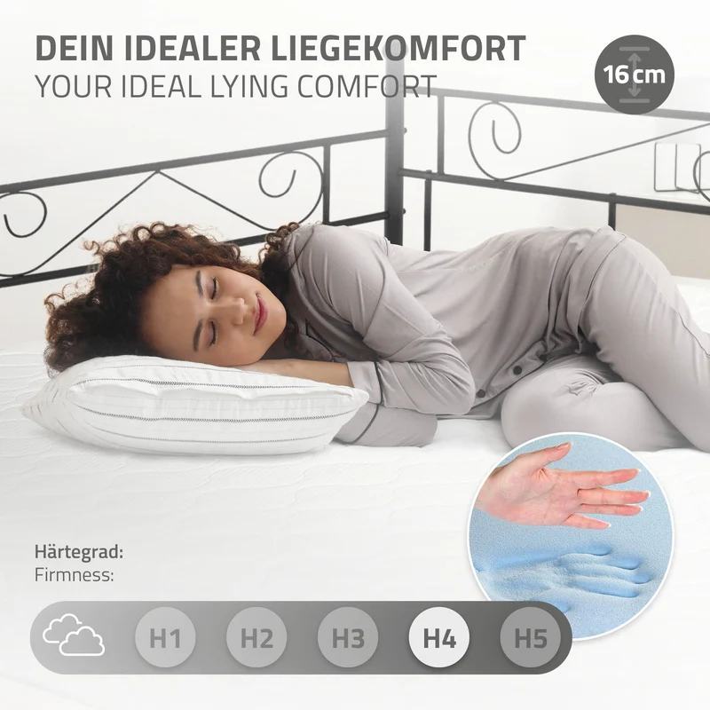 Bettgestell Einzelbett 90x200cm aus Metall in Schwarz mit Lattenrost, Seitenwand & Matratze H-16cm ML-Design