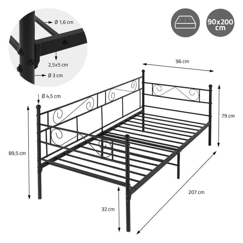 Bettgestell Einzelbett 90x200cm aus Metall in Schwarz mit Lattenrost, Seitenwand & Matratze H-16cm ML-Design