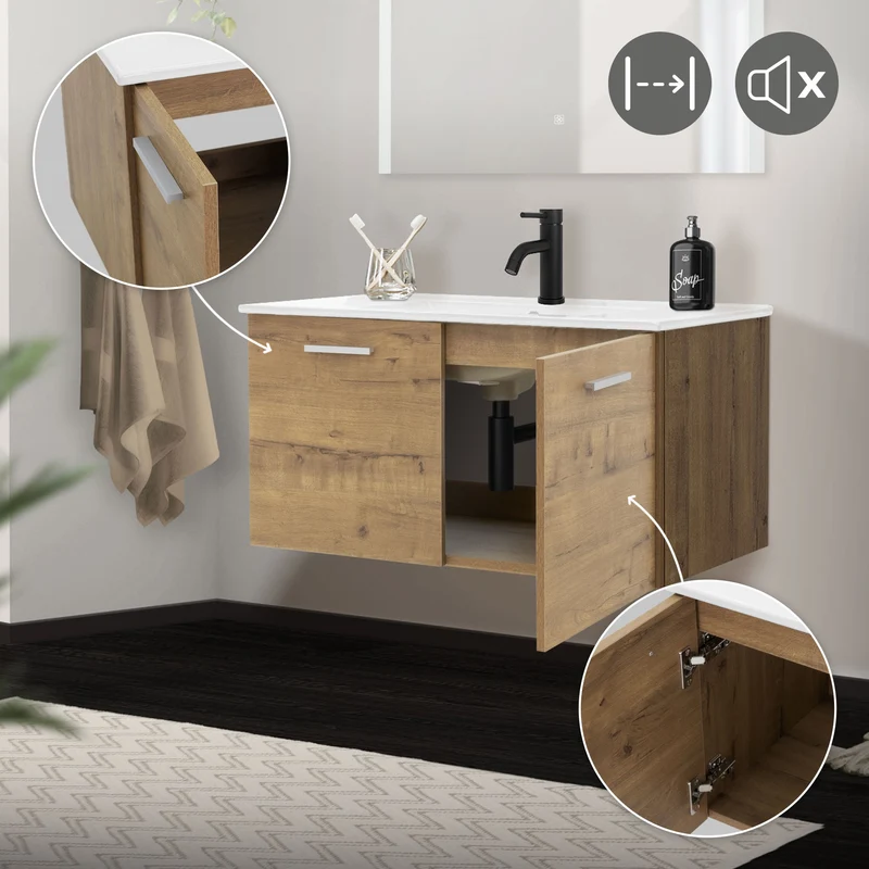 Badmöbel Badezimmermöbel Set 2-Teilig Unterschrank Waschbecken 91x42x45 cm Optik in Roteiche ML-Design