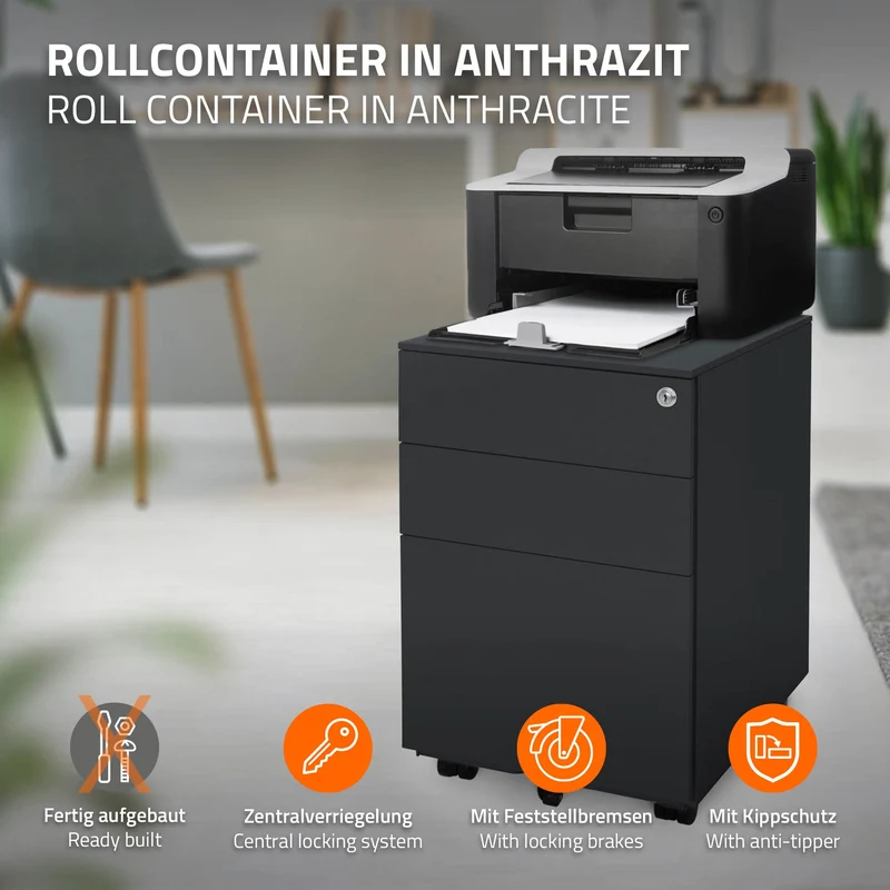 Rollcontainer mit drei Schubladen 39x50x56 cm Anthrazit aus Stahl ML-Design