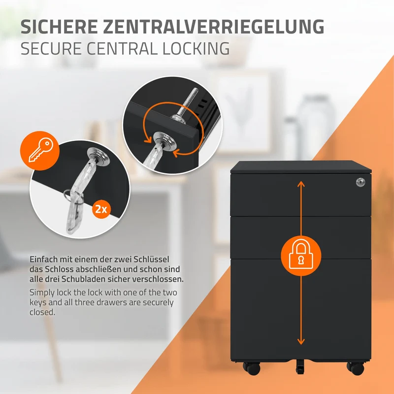 Rollcontainer mit drei Schubladen 39x50x56 cm Anthrazit aus Stahl ML-Design