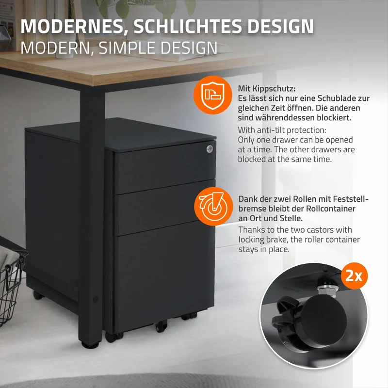 Rollcontainer mit drei Schubladen 39x50x56 cm Anthrazit aus Stahl ML-Design
