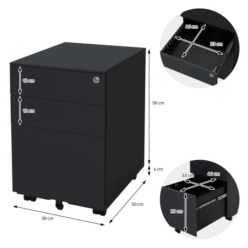 Rollcontainer mit drei Schubladen 39x50x56 cm Anthrazit aus Stahl ML-Design