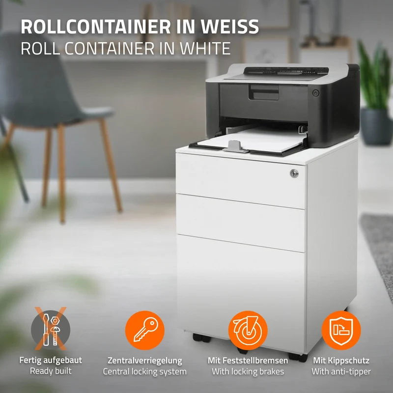Rollcontainer mit drei Schubladen 39x50x56 cm Weiß aus Stahl ML-Design