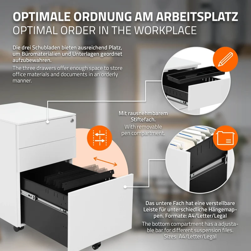 Rollcontainer mit drei Schubladen 39x50x56 cm Weiß aus Stahl ML-Design