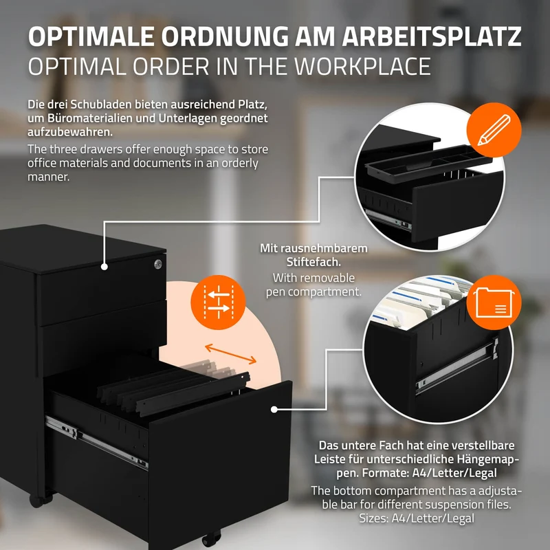 Rollcontainer mit drei Schubladen 39x50x56 cm Schwarz aus Stahl ML-Design