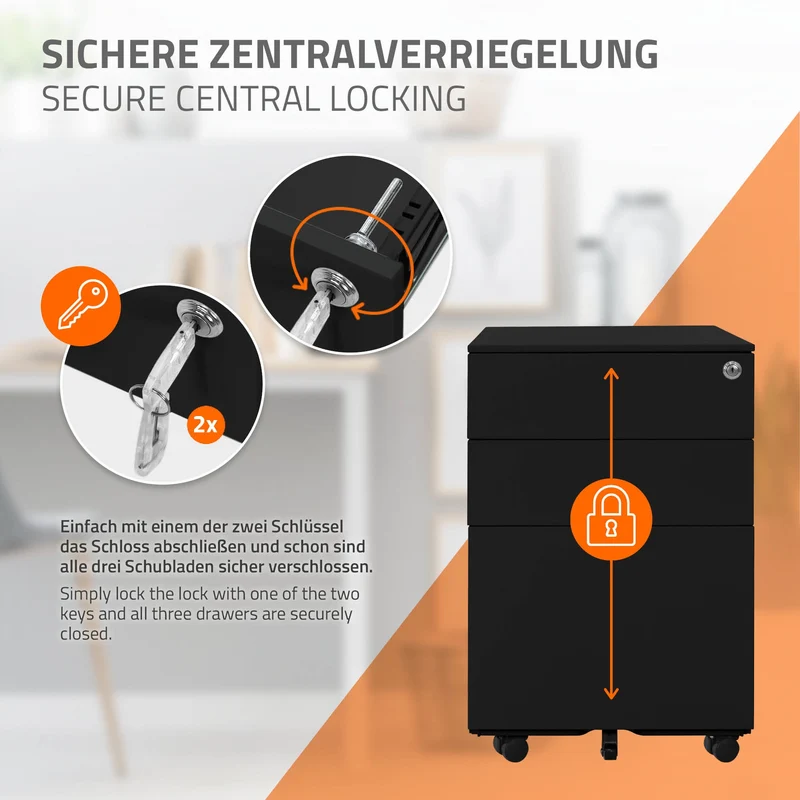 Rollcontainer mit drei Schubladen 39x50x56 cm Schwarz aus Stahl ML-Design