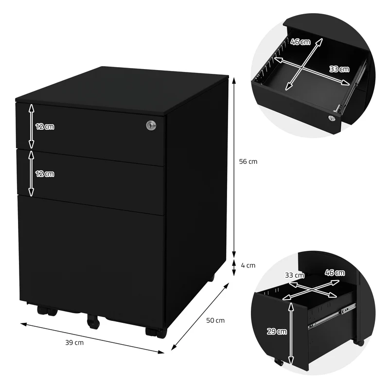 Rollcontainer mit drei Schubladen 39x50x56 cm Schwarz aus Stahl ML-Design