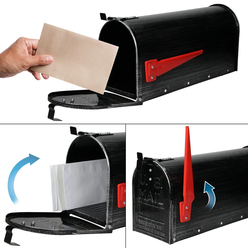 ML-Design US Mailbox mit schwenkbarer Fahne und Standfuß retro-Schwarz aus Aluminium