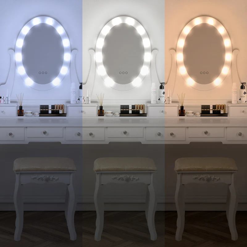 Schminktisch Frisiertisch 80x129x40 cm in Weiß mit LED-Beleuchtung, Spiegel, 5 Schubladen & Hocker ML-Design