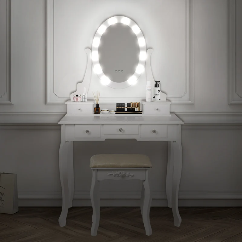 Schminktisch Frisiertisch 80x129x40 cm in Weiß mit LED-Beleuchtung, Spiegel, 5 Schubladen & Hocker ML-Design