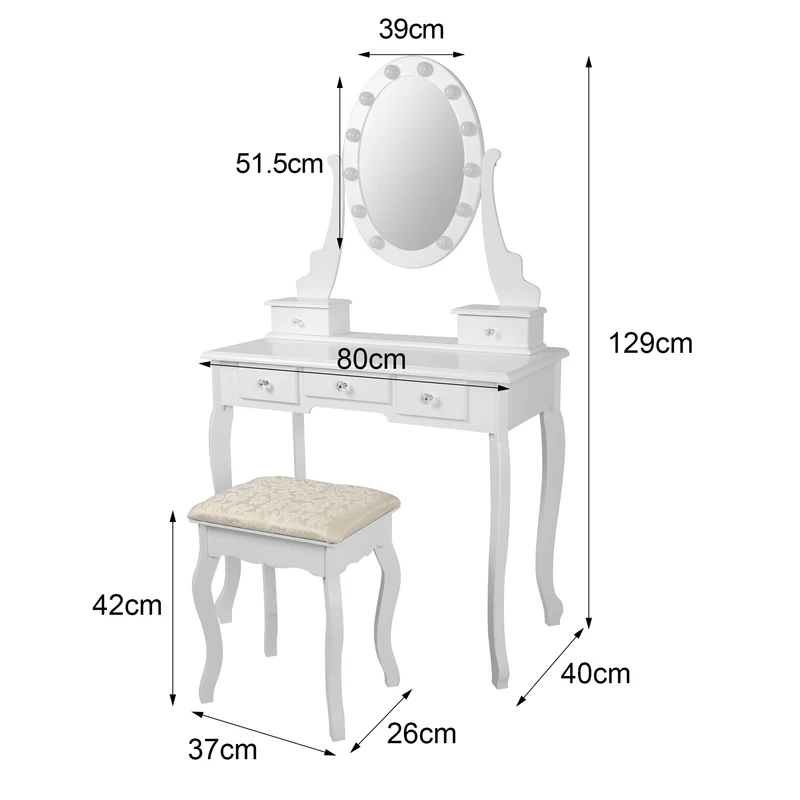 Schminktisch Frisiertisch 80x129x40 cm in Weiß mit LED-Beleuchtung, Spiegel, 5 Schubladen & Hocker ML-Design