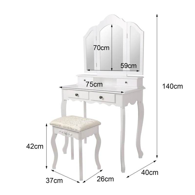 Schminktisch Frisiertisch 75x140x40 cm in Weiß mit Spiegel 3-tlg, 4 Schubladen & Hocker ML-Design
