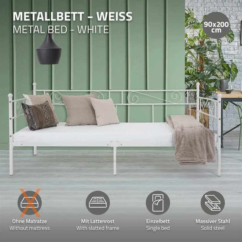 Bettgestell Einzelbett 90x200cm aus Metall in Weiß mit Seitenwand & Lattenrost ML-Design