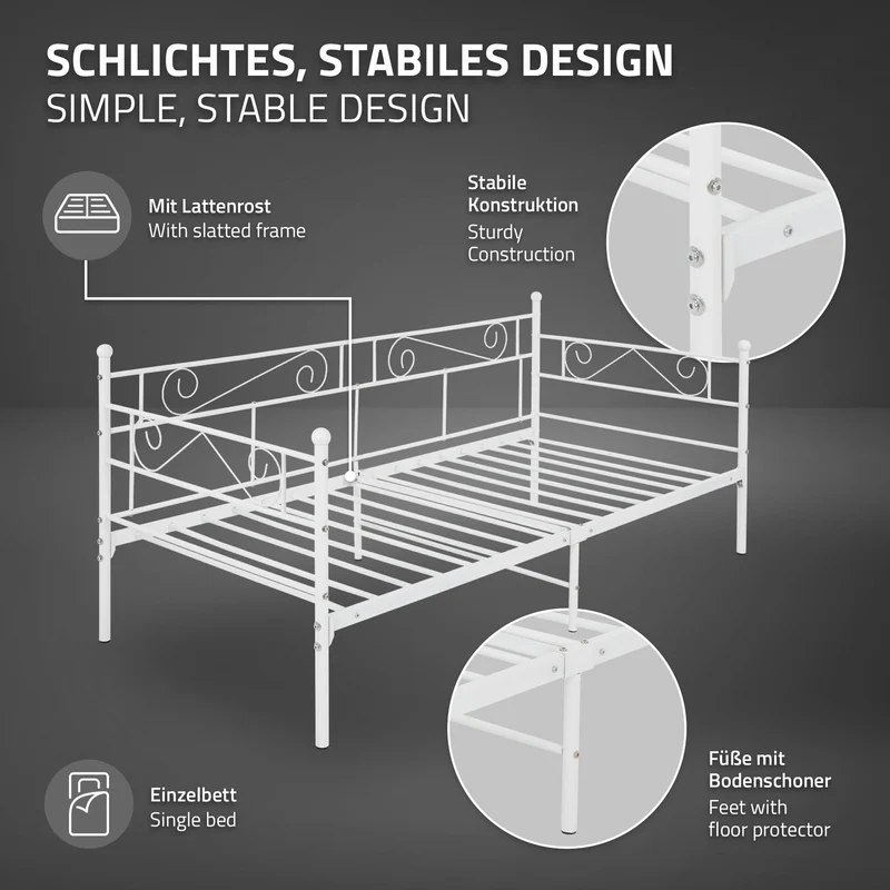 Bettgestell Einzelbett 90x200cm aus Metall in Weiß mit Seitenwand & Lattenrost ML-Design