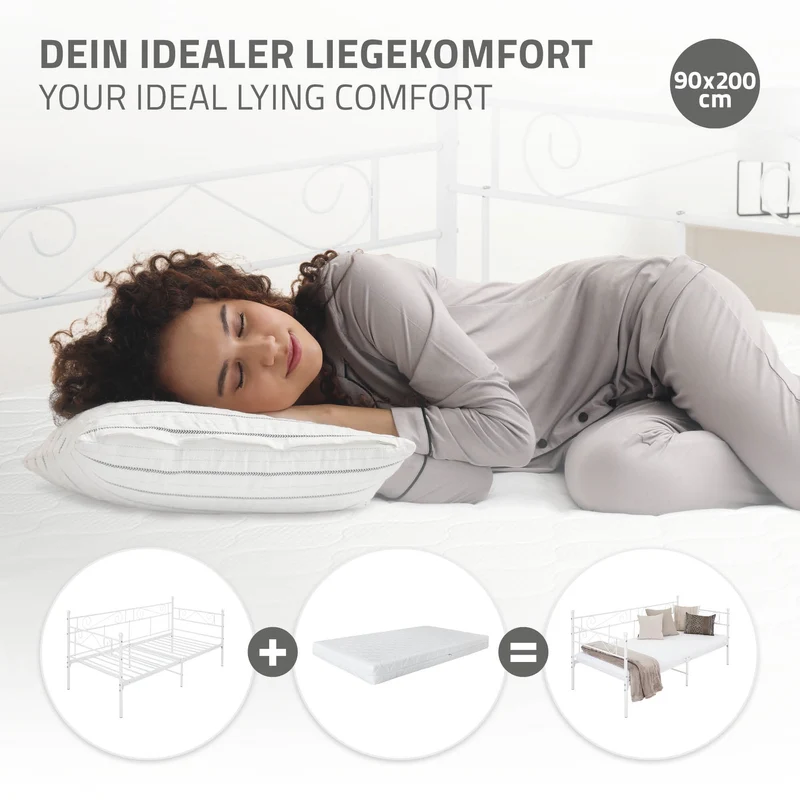 Bettgestell Einzelbett 90x200cm aus Metall in Weiß mit Seitenwand & Lattenrost ML-Design
