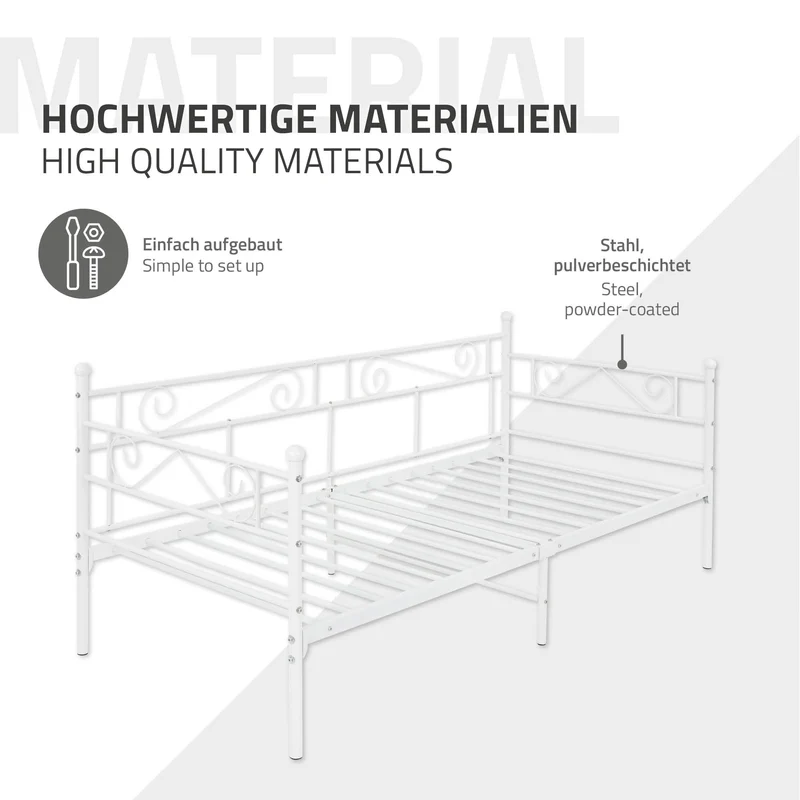 Bettgestell Einzelbett 90x200cm aus Metall in Weiß mit Seitenwand & Lattenrost ML-Design