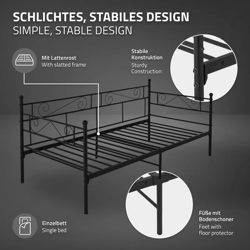 Bettgestell Einzelbett 90x200cm aus Metall in Schwarz mit Seitenwand & Lattenrost ML-Design