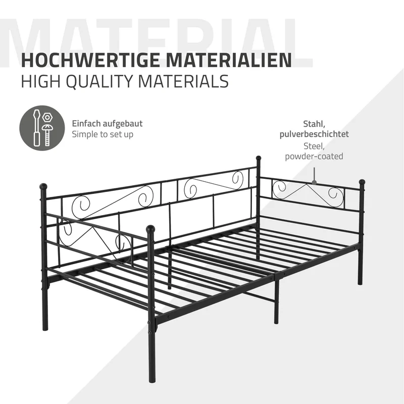Bettgestell Einzelbett 90x200cm aus Metall in Schwarz mit Seitenwand & Lattenrost ML-Design