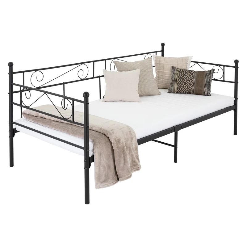 Bettgestell Einzelbett 90x200cm aus Metall in Schwarz mit Seitenwand & Lattenrost ML-Design