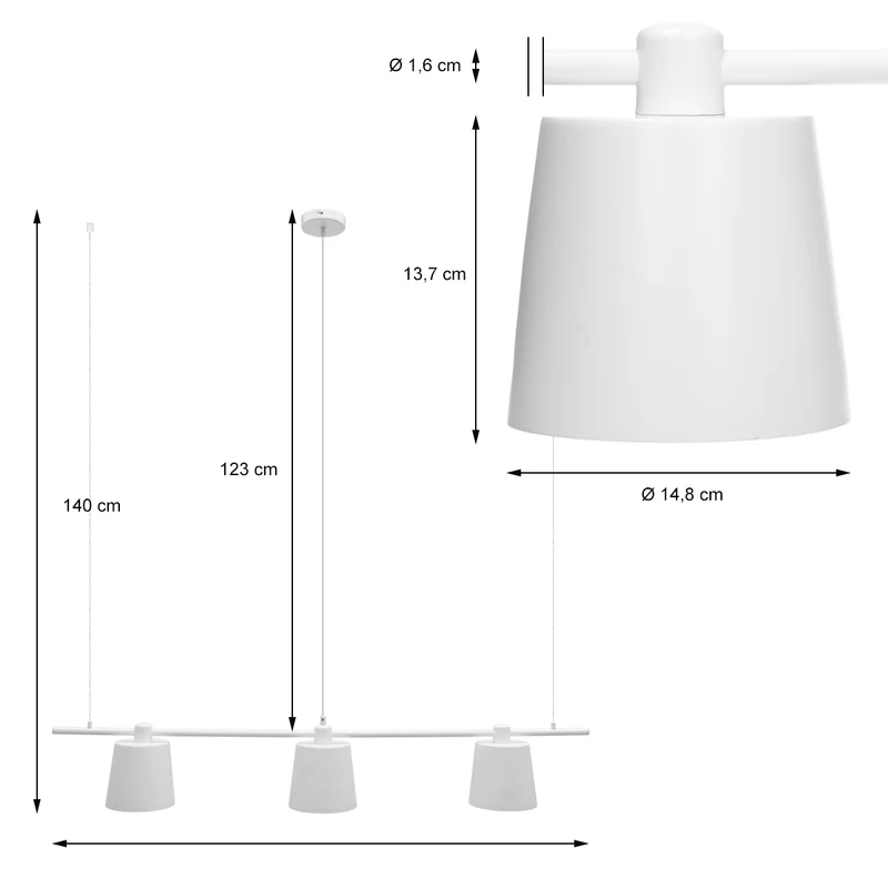Hängelampe 3 flammige 140 cm E27 Weiß aus Metall mit drei LED-Lampe 4W