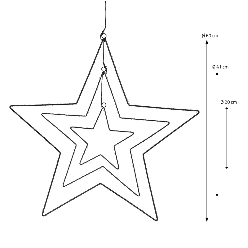 Weihnachtsstern mit 160 warmweißen LEDs 20/41/60 cm Schwarz aus Metall