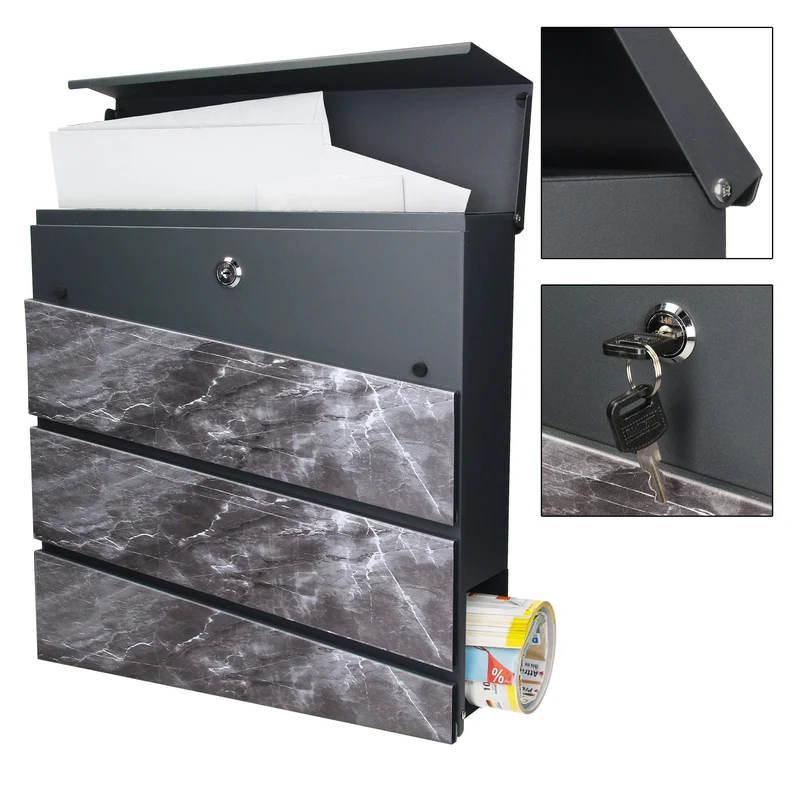 Standbriefkasten mit Zeitungsfach 37x36,5x11 cm Anthrazit/Schwarz-Marmoroptik aus Stahl ML-Design, Modernes Diagonales Design, Standhöhe 120cm Silber Doppelfuß