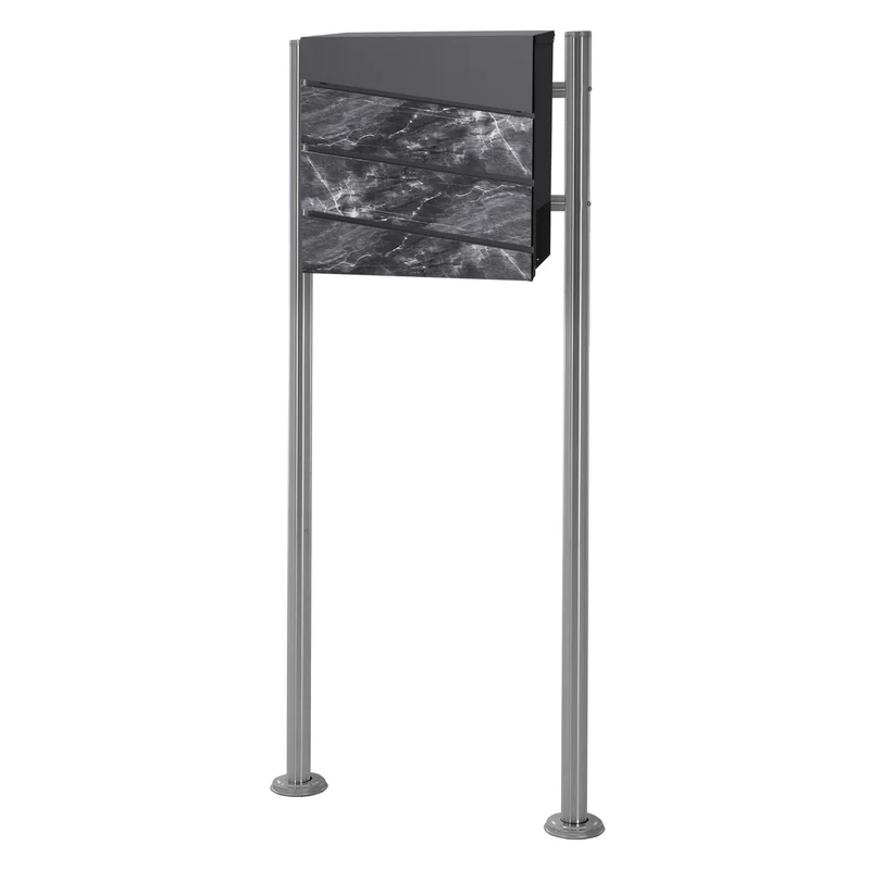 Standbriefkasten mit Zeitungsfach 37x36,5x11 cm Anthrazit/Schwarz-Marmoroptik aus Stahl ML-Design, Modernes Diagonales Design, Standhöhe 120cm Silber Doppelfuß
