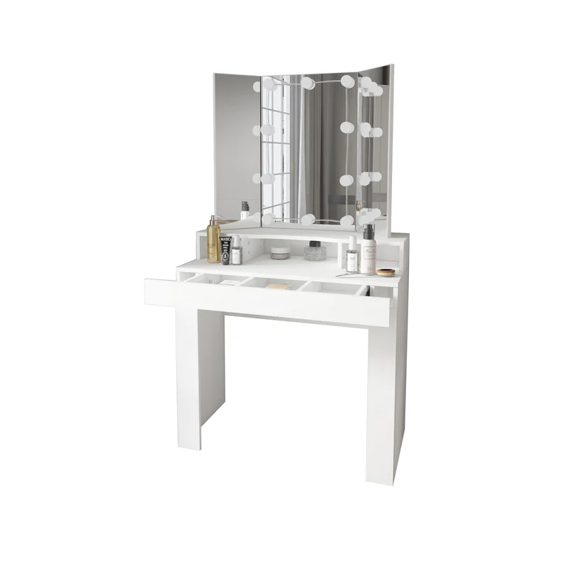 Schminktisch Frisiertisch 89,5x155x43,5 cm in Weiß mit LED Beleuchtung 3-tlg, Spiegel, Schublade & Hocker Drehbar ML-Design