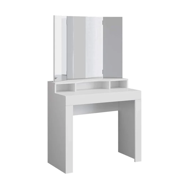 Schminktisch Frisiertisch 89,5x155x43,5 cm in Weiß mit Spiegel 3-tlg, 3 Ablagen & Hocker Drehbar in ML-Design