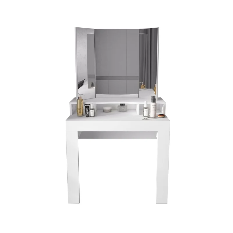 Schminktisch Frisiertisch 89,5x155x43,5 cm in Weiß mit Spiegel 3-tlg, 3 Ablagen & Hocker Drehbar in ML-Design