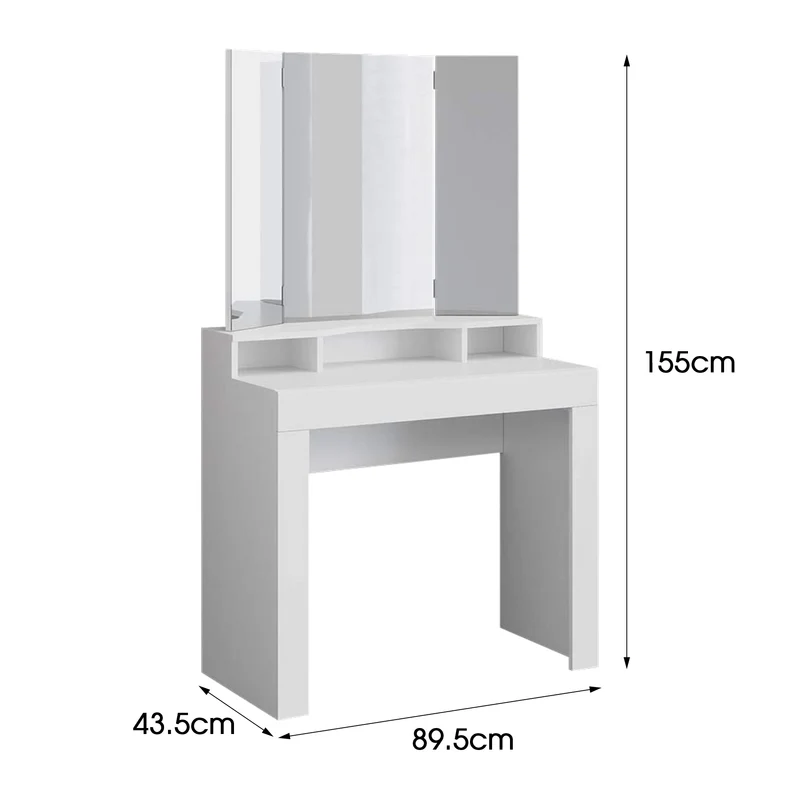 Schminktisch Frisiertisch 89,5x155x43,5 cm in Weiß mit Spiegel 3-tlg, 3 Ablagen & Hocker Drehbar in ML-Design
