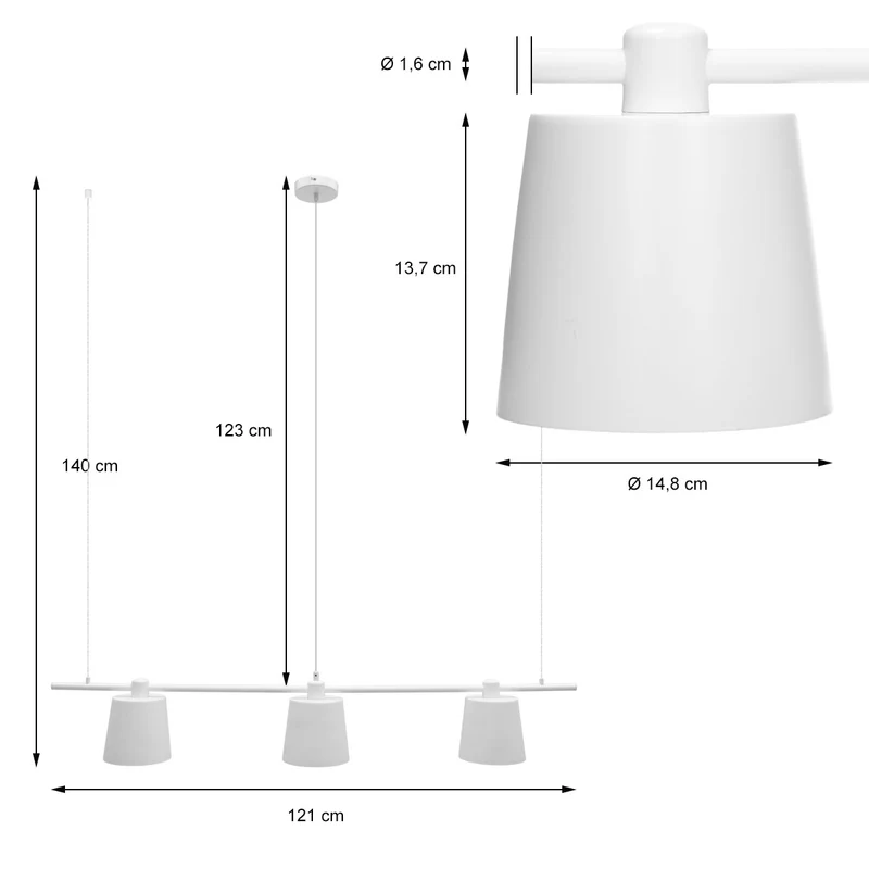 Hängelampe 3 flammig E27 Fassung 140 cm Weiß matt aus Metall