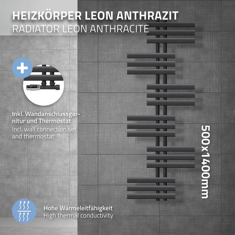 Badheizkörper Leon 500x1400 mm Anthrazit mit Wand Anschlussgarnitur