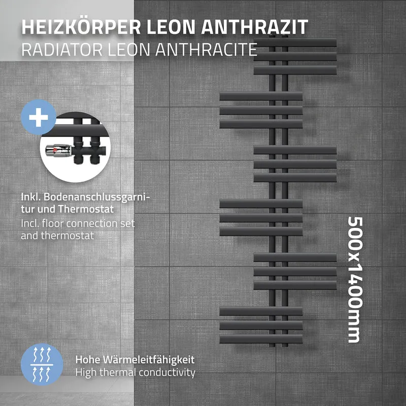 Badheizkörper Leon 500x1400 mm Anthrazit mit Boden Anschlussgarnitur