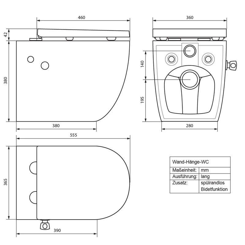 Wand-WC Hänge Toilette aus Keramik 55,5 cm lang Spülrandlos mit Bidet & Softclose Luxebath